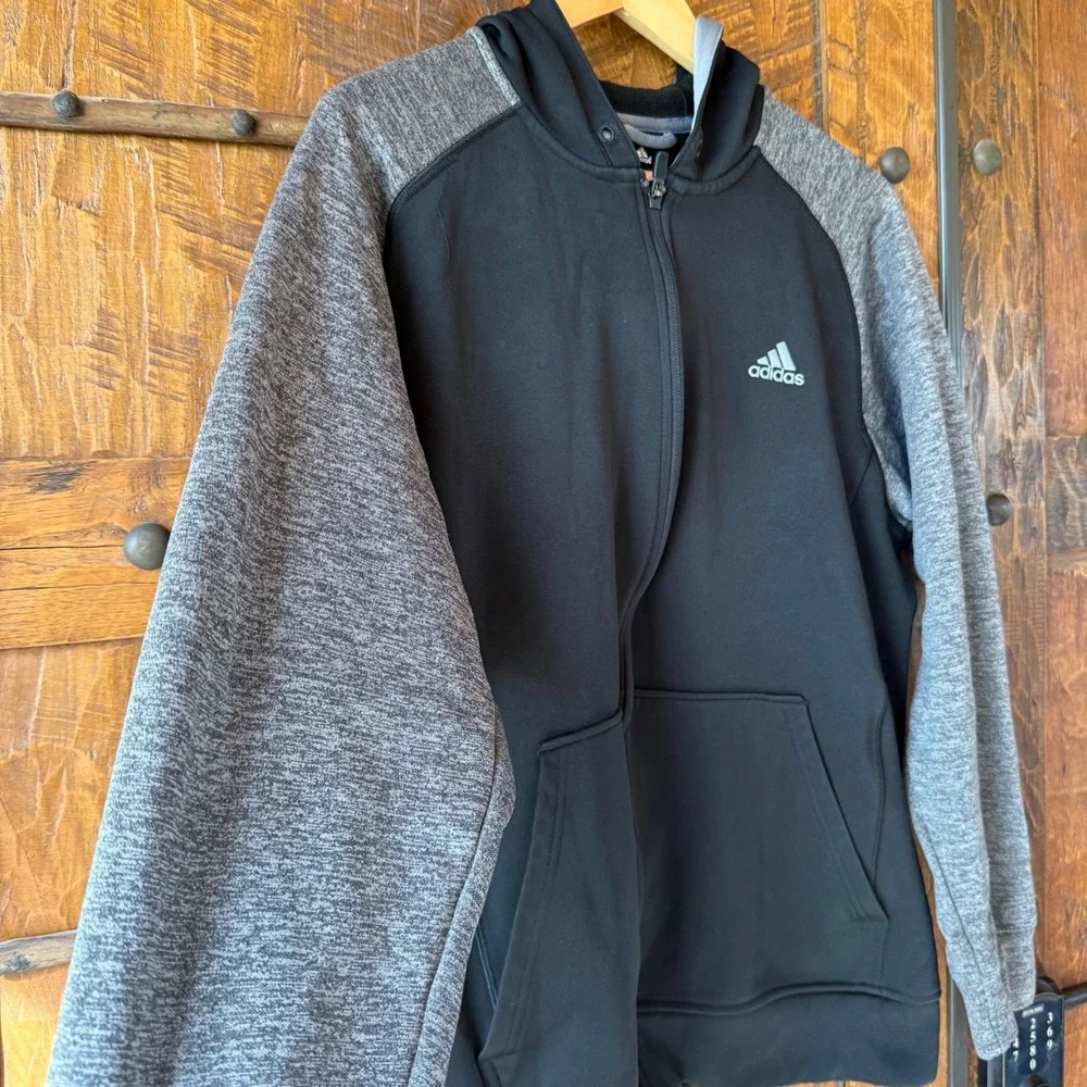 Adidas Full Zip Hoodie Mens Large Black Gray Climawarm Fleece Raglan Jacket